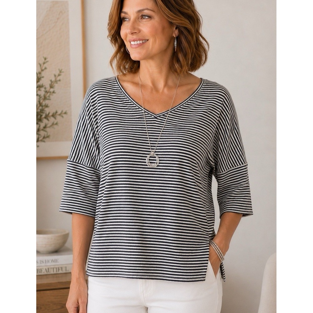 Chicos Womens‎ Linen Popover Striped Top Size L Travel Casual Oversized Comfort
